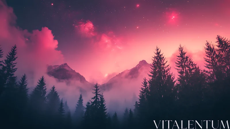 Mountain valley at dusk with pink sky and evergreen forest silhouette