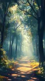 Atmospheric Forest Corridor with Volumetric Light Rays Penetrating Dense Canopy Architecture