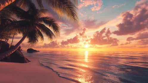 Tropical littoral sunset with specular ocean reflection rendering.