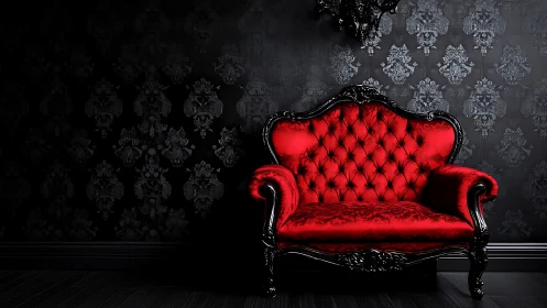 Baroque red velvet sofa anchors high-contrast gothic interior