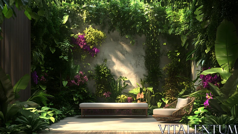 Rendered garden lounge integrates dense vertical foliage