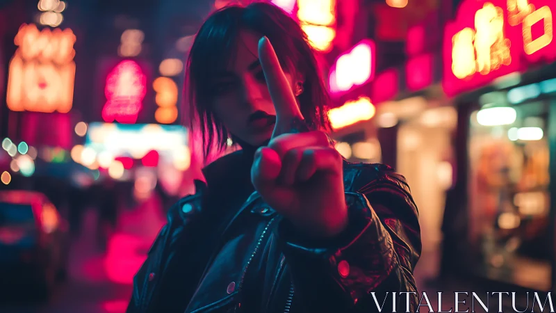 Neon night rebel holding the city’s noise at arm’s length.