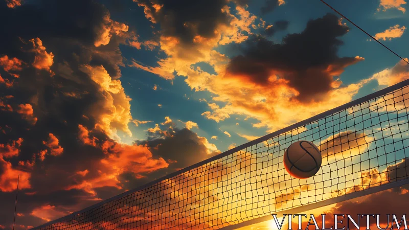 Sunlit volleyball net cuts across a blazing sunset sky
