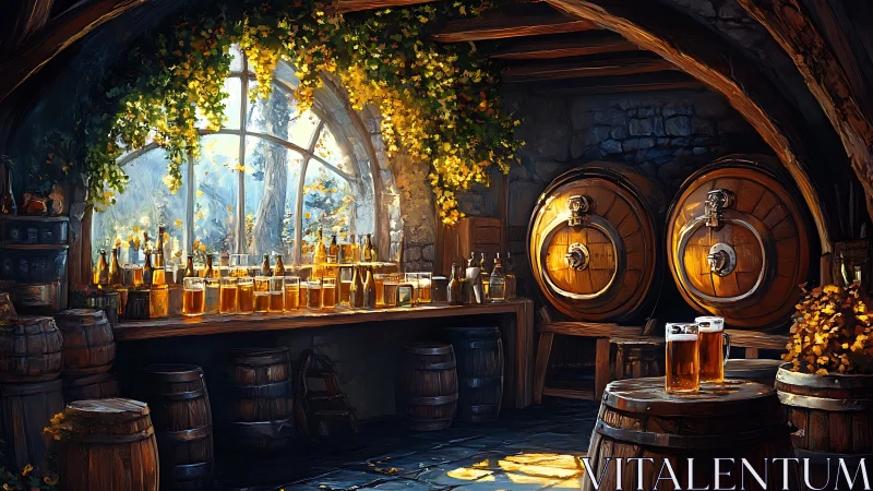 Sunlit tavern barrels trade secrets with amber afternoon ale