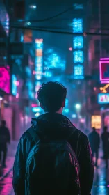 Neon city wanderer pausing beneath glowing midnight signs.