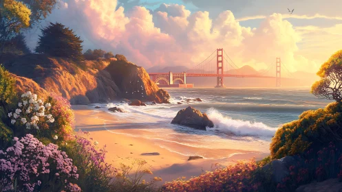 Golden Gate Bridge viewed from wildflower-covered coastal cliffs at sunset