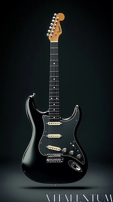 Black electric guitar on dark background, detailed view.