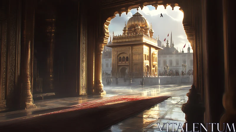 Digital painting of golden temple courtyard with framed archway.