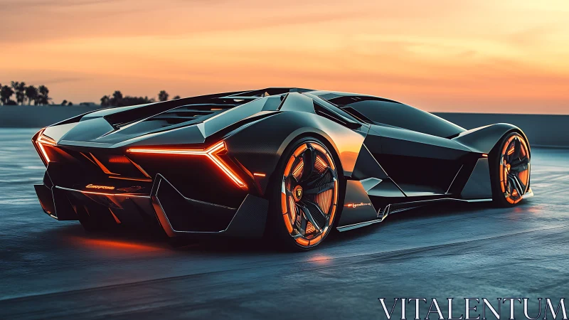 Futuristic hypercar glows against a vivid sunset horizon.