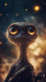 Digital painting of luminous-eyed alien in bokeh cosmos.