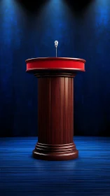 Spotlit red podium awaits a speech on deep blue stage.