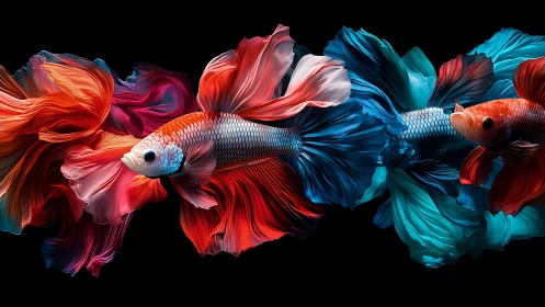 Tri-colored betta fish display fluid neon fins in motion.