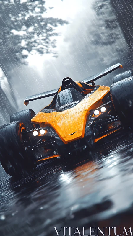 Orange race car powers through wet forest road in rain.