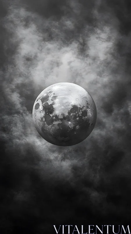 Isolated full moon rendered with high-contrast grayscale atmospheric clouds