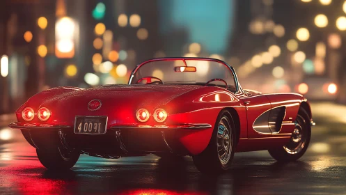 Photorealistic red classic roadster in cinematic night bokeh scene.