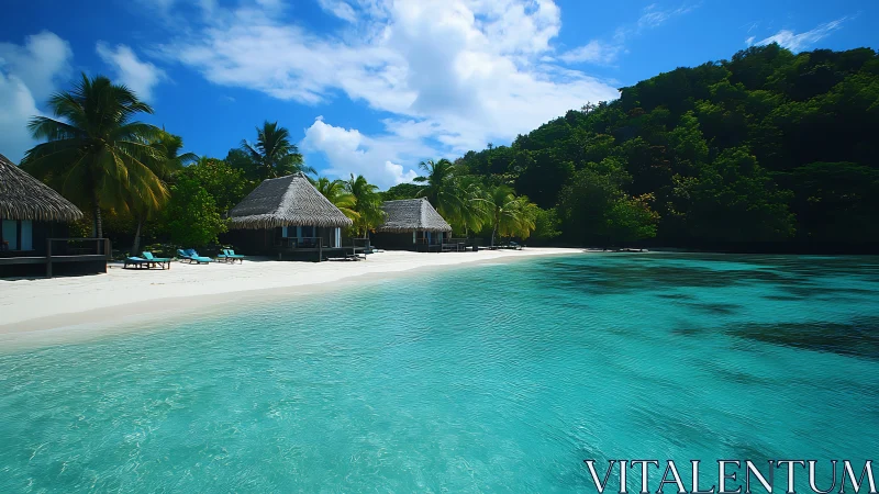 Tropical Island Lagoon Resort with Thatched Bungalows.