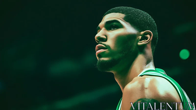 Green-lit courtside gladiator studies the distant scoreboard