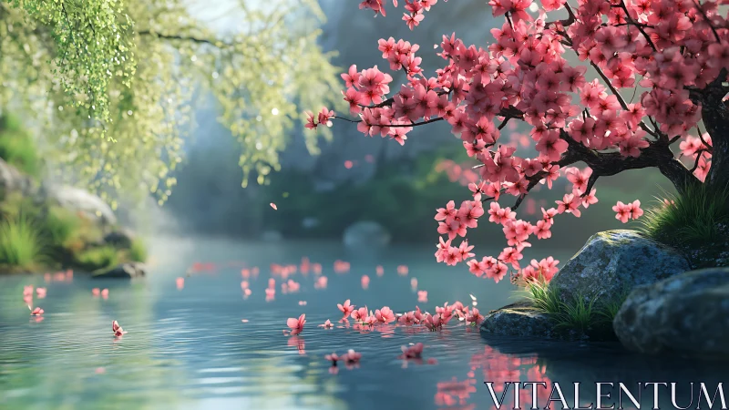Cherry blossoms drift over misty riverbank serenity