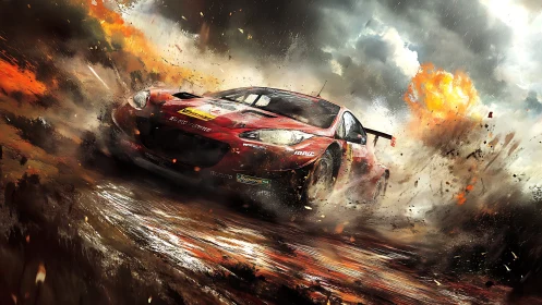 Rally race car storms explosive muddy track under fire.