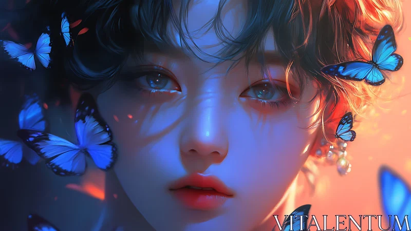 Digital portrait shows face with blue butterflies in motion