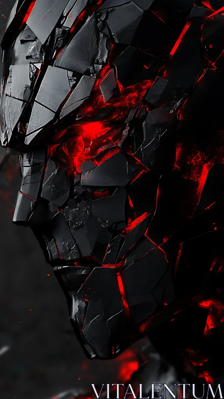 Fragmented black humanoid head with internal red illumination