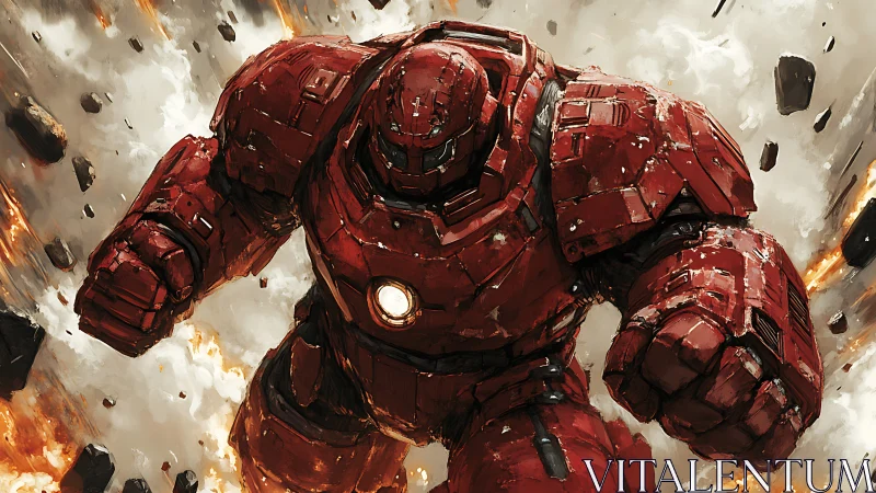 Armored red mech charges through explosions in dynamic battle