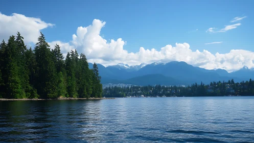 Alpine Lake Landscape with Forested Shoreline and Mountain Range.