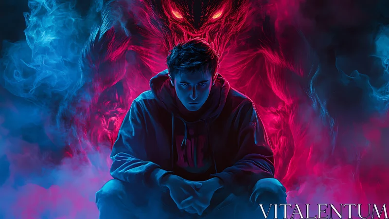 Storm-lit young hero confronts his shadowy inner demon