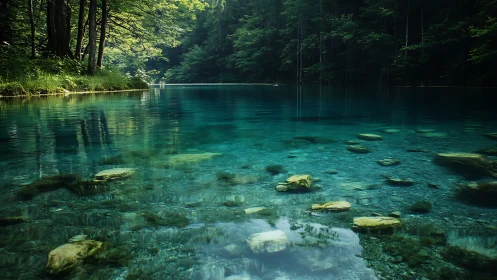 Transparent forest lake displays submerged stones in clear layers
