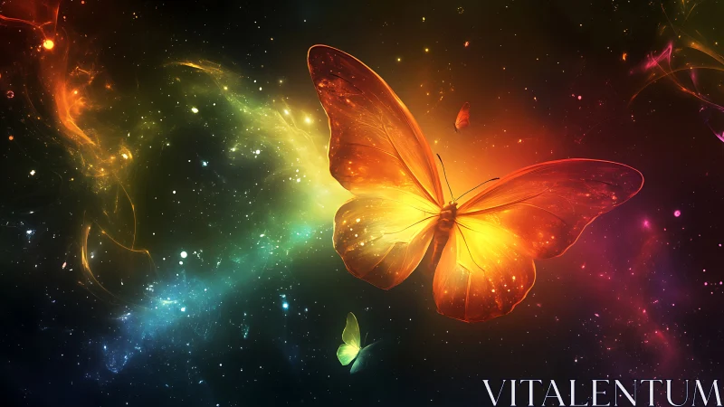 Glowing orange butterfly floats in colorful cosmic nebula
