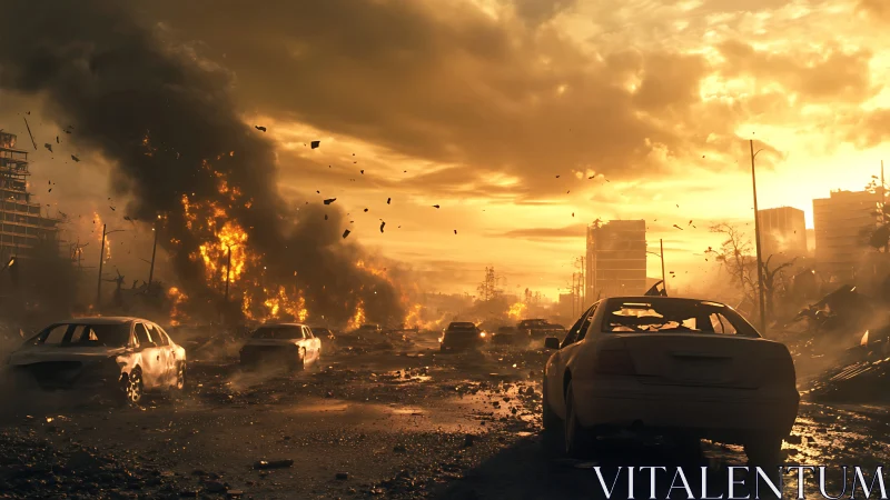 Cinematic urban explosion renders a sunset-bleached ruin