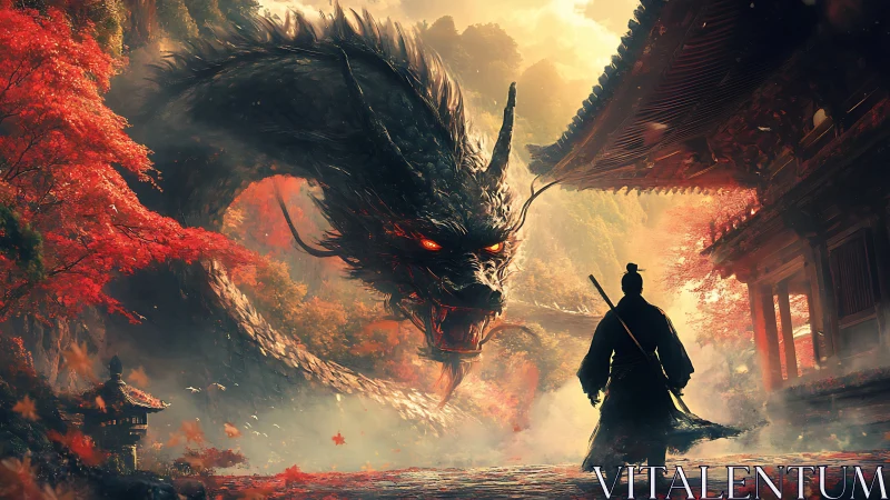 Samurai facing large dragon in autumn temple landscape.