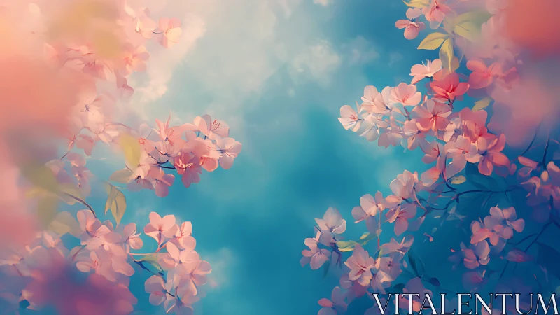 Soft pastel cherry blossoms frame tranquil spring sky