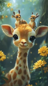 Whimsical baby giraffe portrait with playful forest friends.