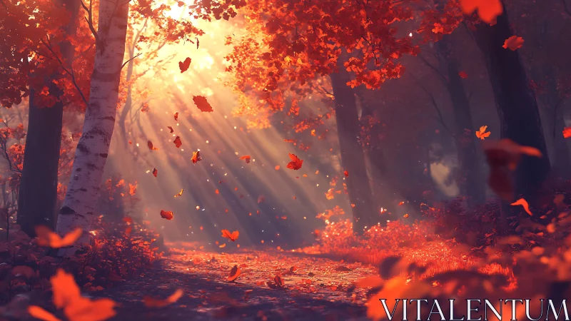 Sunlit autumn forest path with drifting orange leaves.