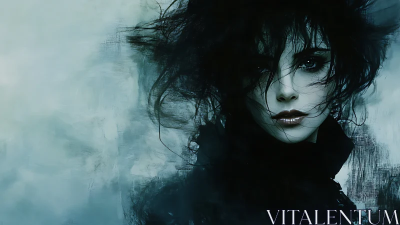 Digital portrait depicts a dark-haired figure against diffuse background