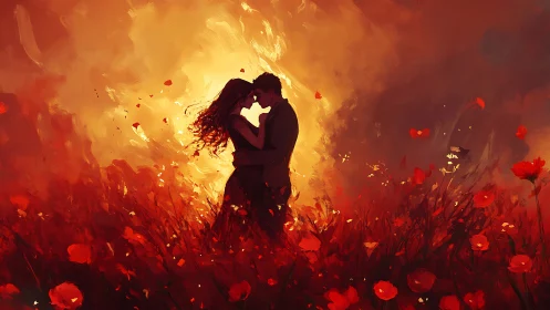 Couple Kissing in Red Poppies Field Against Golden Sky.