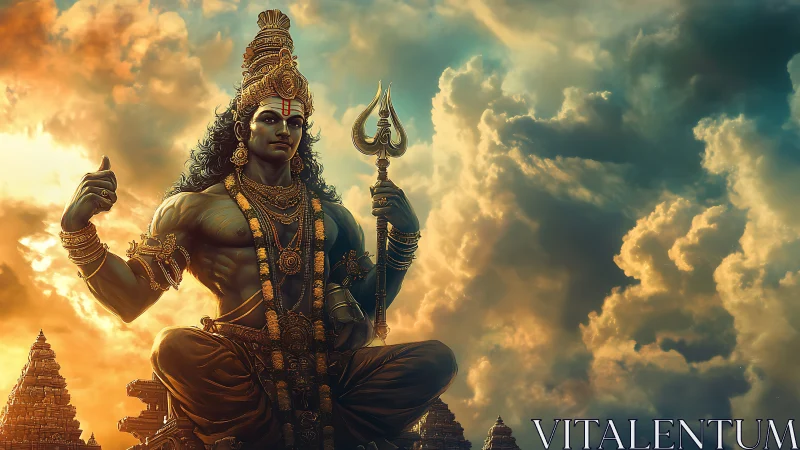 Storm-lit deity warrior seated above gilded temple spires.