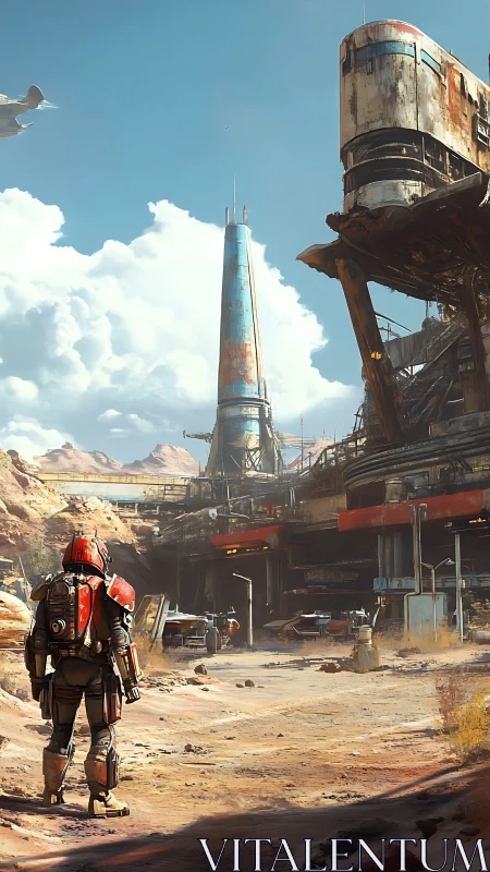 Armored explorer entering rusted sci fi desert outpost.