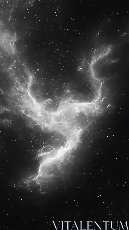 Nebula ghost unwinds in monochrome star-salted night sky.