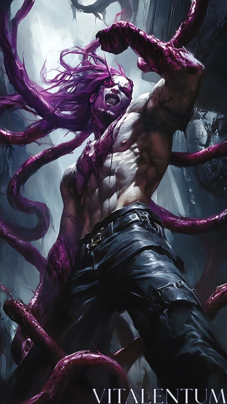 Powerful symbiotic warrior unleashes swirling violet tendrils