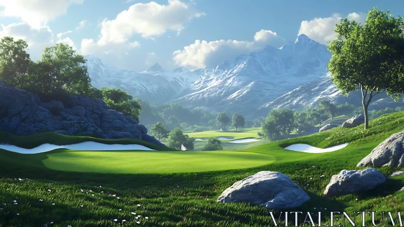 Mountain golf fairway under crisp alpine daylight glow.