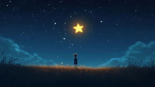 Starlit child quietly watches a glowing star drift above