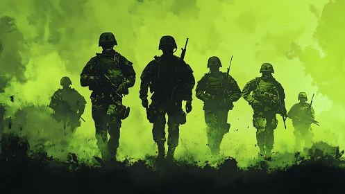 Soldiers advance through toxic green battlefield haze
