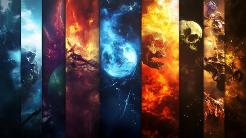 Elemental fantasy panels align spectral warriors and burning skulls