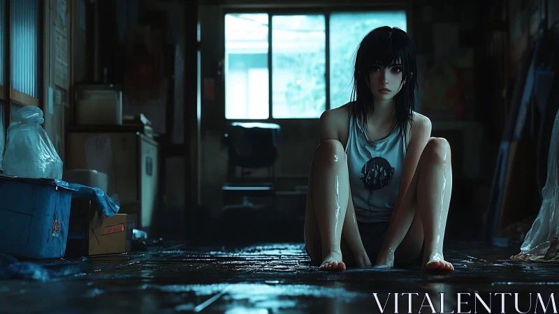 Rain-soaked girl in dim room cradles quiet urban heartbreak.