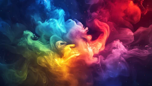 Vibrant nebula clouds swirl in a prismatic cosmic dance.