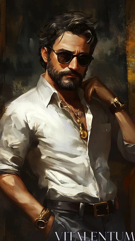 Bearded man in sunglasses with gold accessories in profile.