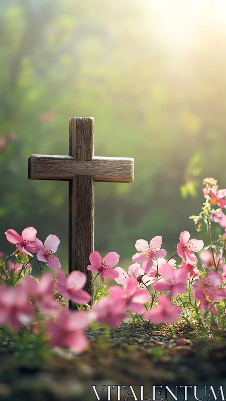 Wooden cross bathing in dawnlight among gentle pink blooms.