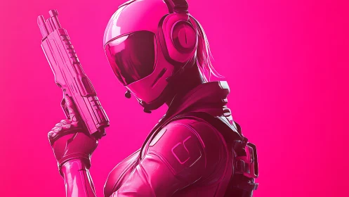 Neon gun-slinger stalks the magenta horizon of tomorrow.